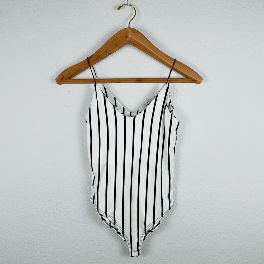 Women’s Bodysuit Scoop Neck Black White Stripe
